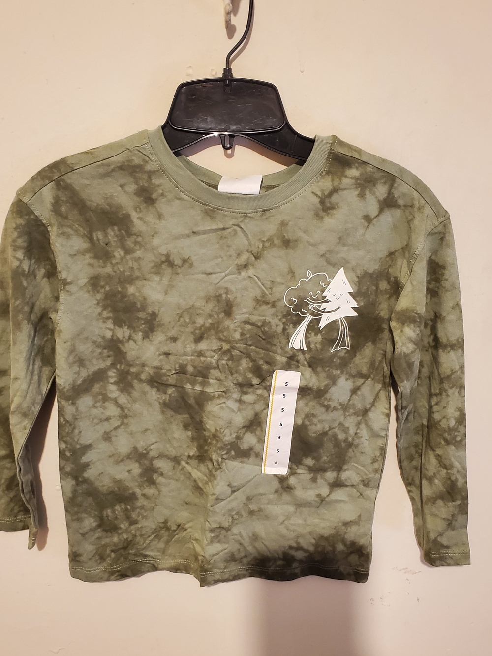 Kids Green Tie-Dye Long Sleeve Tee with Tree Graphic Size S
